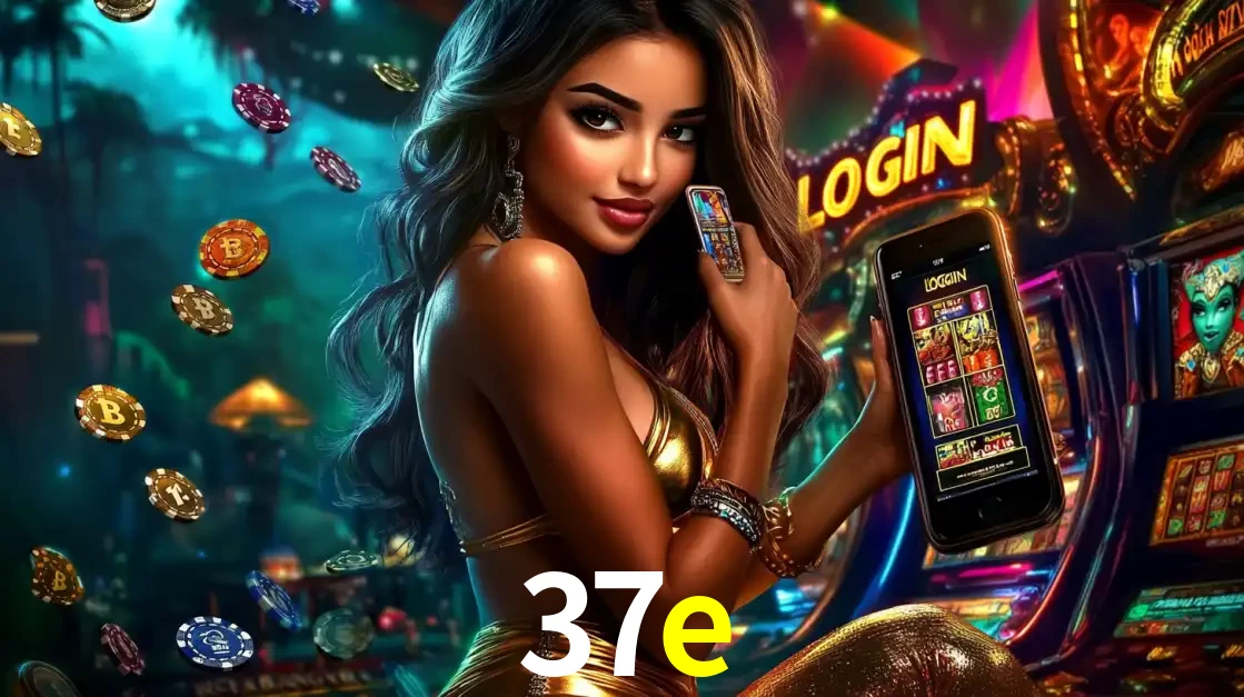 Mulher em um cenário de cassino temático de aventura, mostrando o app de caça-níqueis da 37e no celular. Fichas de apostas flutuam ao redor.